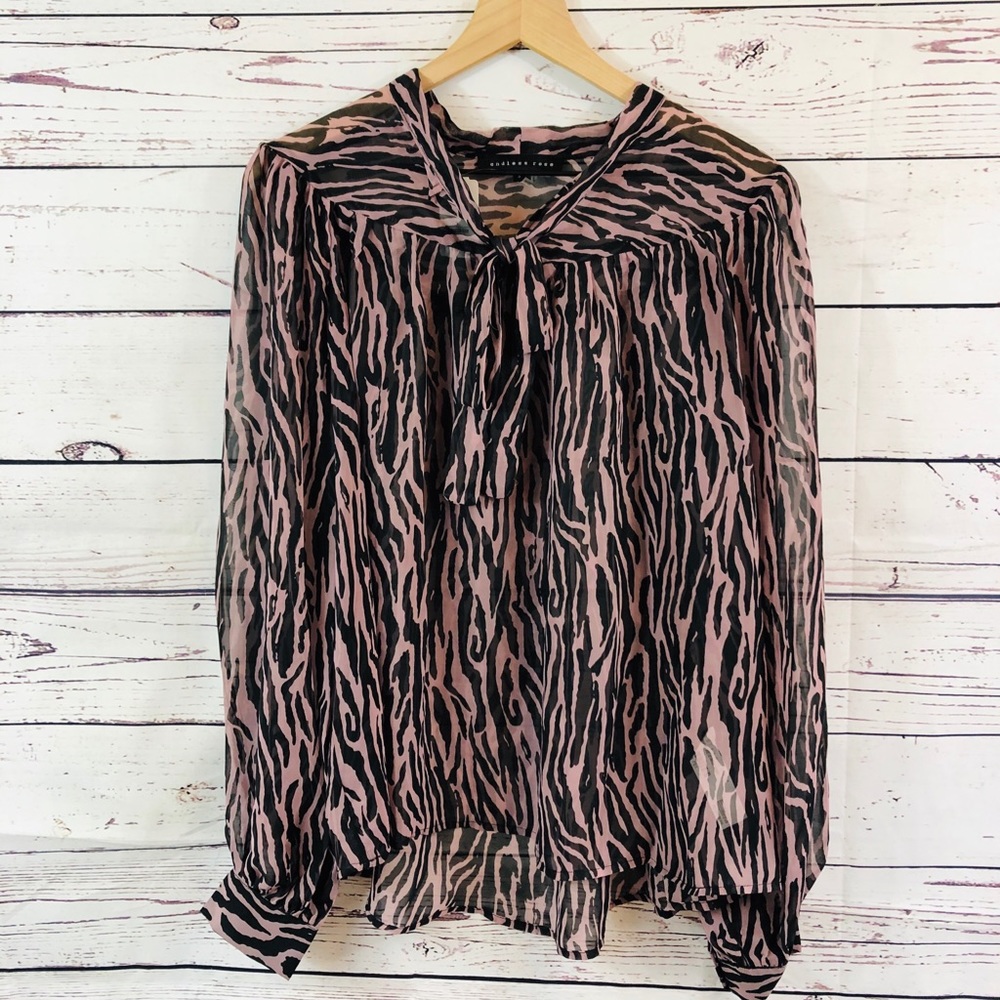ENDLESS ROSE Zebra Printed Ribbon Tie Blouse Small
